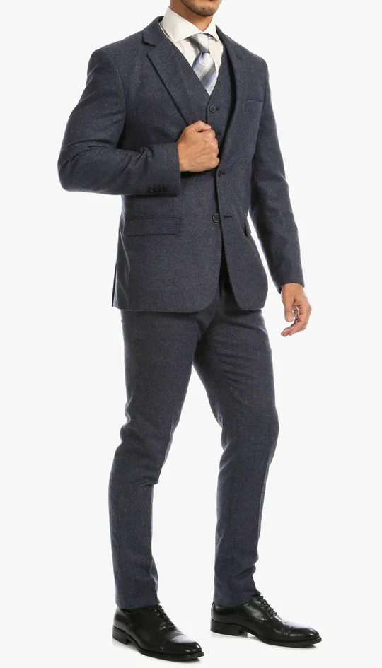Men’s Navy Blue Herringbone Tweed 1920s 3 Piece Suit with Overcoat – Vintage Peaky Blinder Style Formal Suit Set with Blazer, Waistcoat + Overcoat + Hat - Image 16