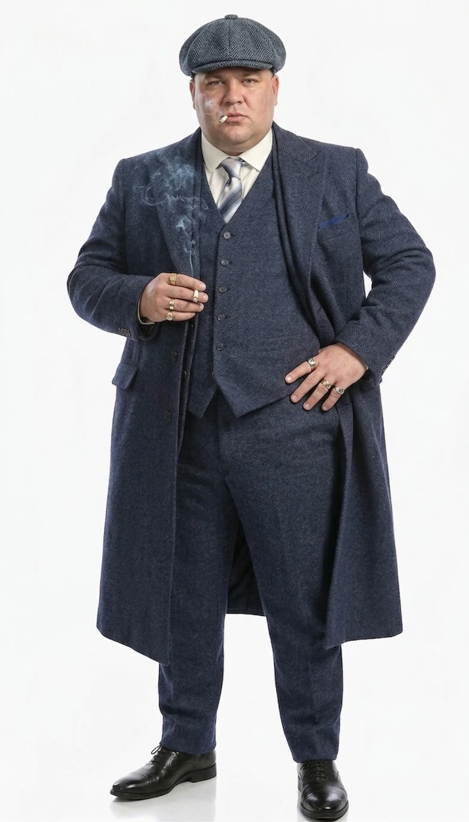 Men’s Navy Blue Herringbone Tweed 1920s 3 Piece Suit with Overcoat – Vintage Peaky Blinder Style Formal Suit Set with Blazer, Waistcoat + Overcoat + Hat - Image 8