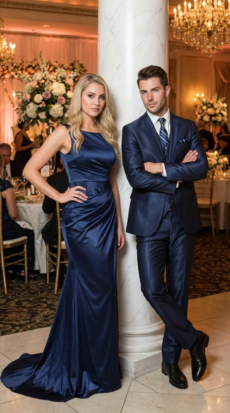Men’s Navy Blue Sharkskin 3 Piece Suit – Two Button Vested Shiny Formal Suit for Wedding, Prom, Business and Party Wear - Image 15