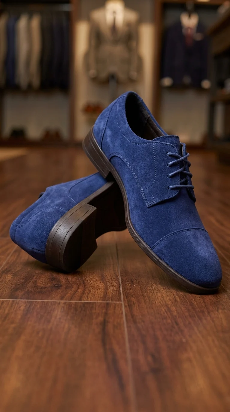 Menβs Navy Blue Suede Cap Toe Dress Shoes β Classic Lace Up Formal Wedding and Prom Shoes Velvet Fabric - Image 10