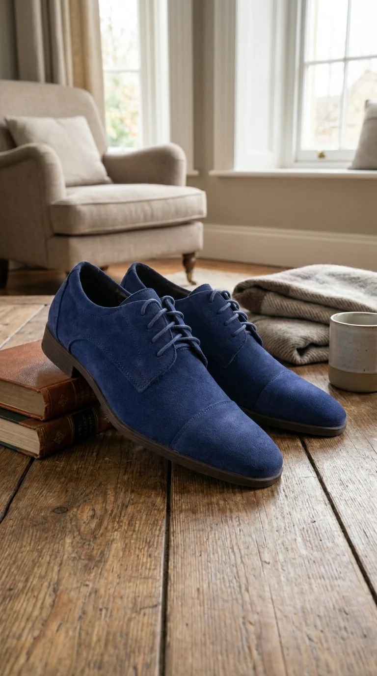 Menβs Navy Blue Suede Cap Toe Dress Shoes β Classic Lace Up Formal Wedding and Prom Shoes Velvet Fabric - Image 9