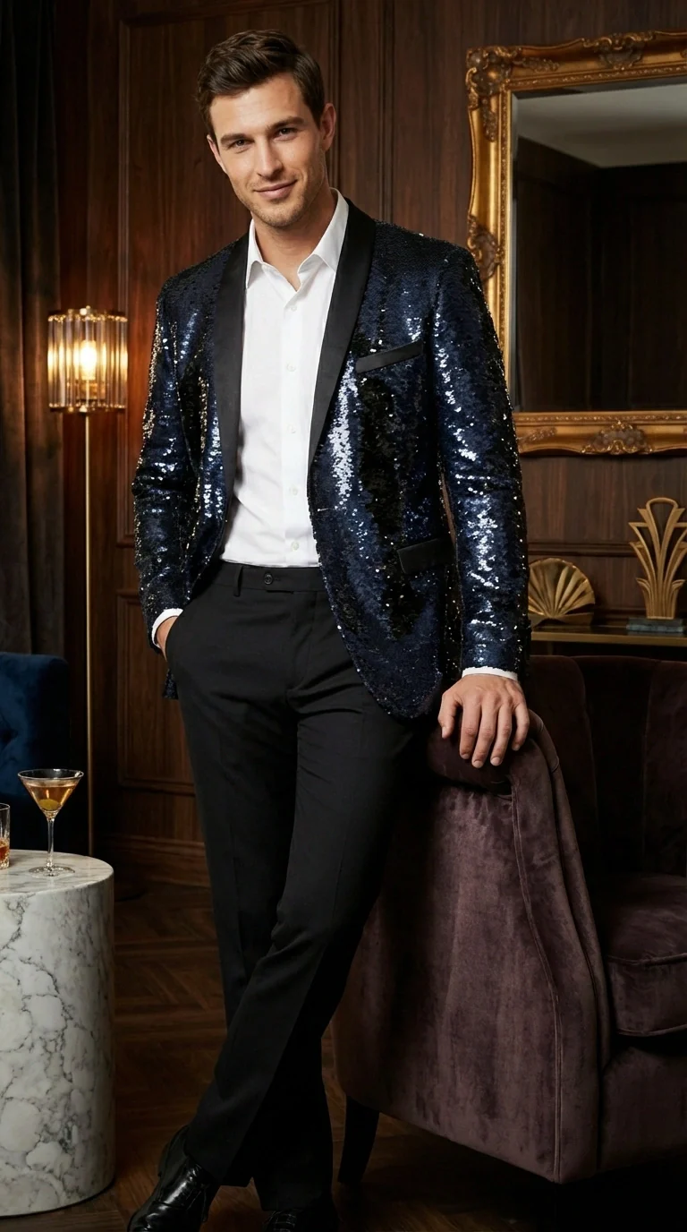 Men’s Navy Sequin Blazer – Navy Blue Sparkle Sequin Formal Blazer with Satin Lapel for Prom, Party and Evening Events - Image 12