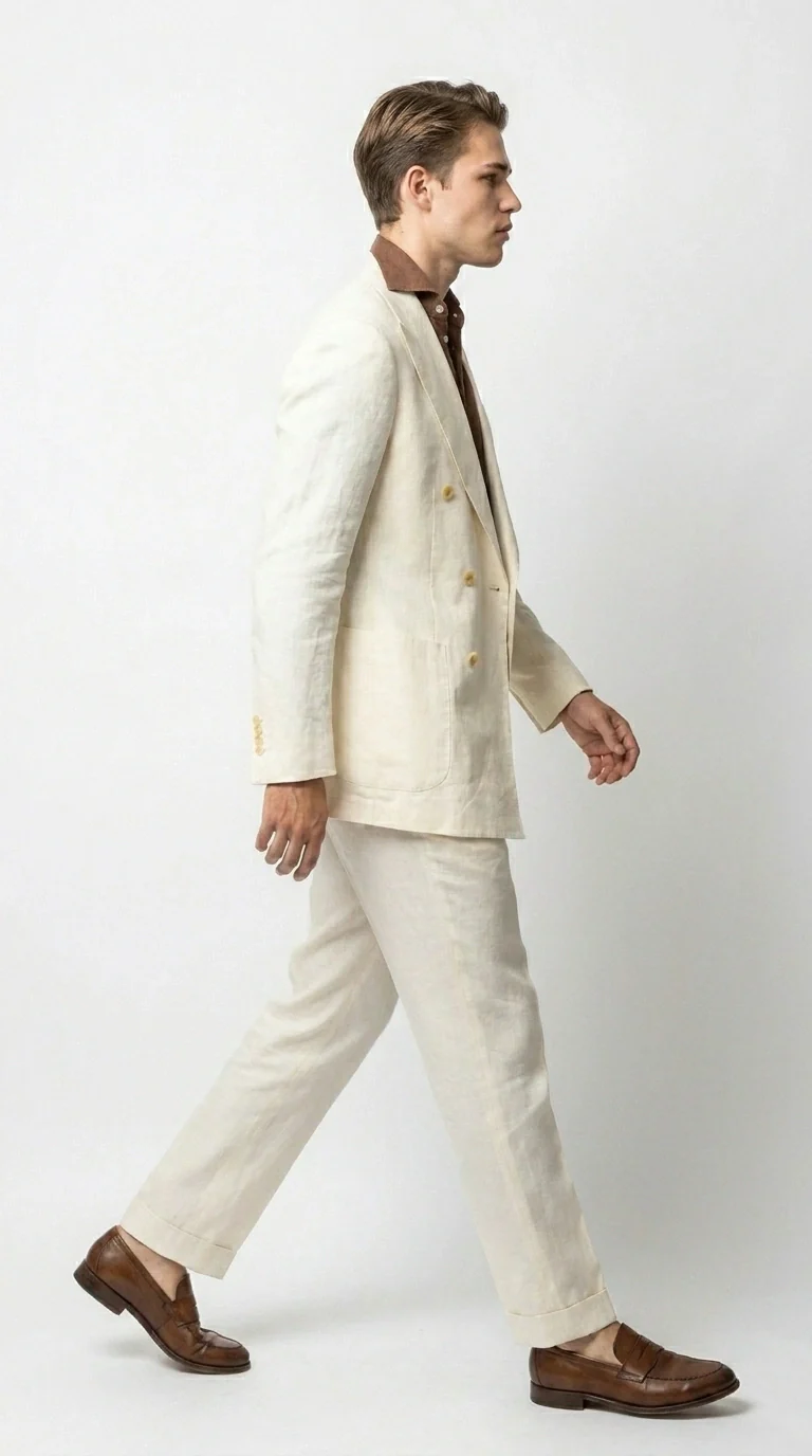 Men’s Off White 70s Style Double Breasted Suit – Vintage Retro Wide Lapel Classic Outfit for Party, Wedding and Casual Fashion Wear - Image 4