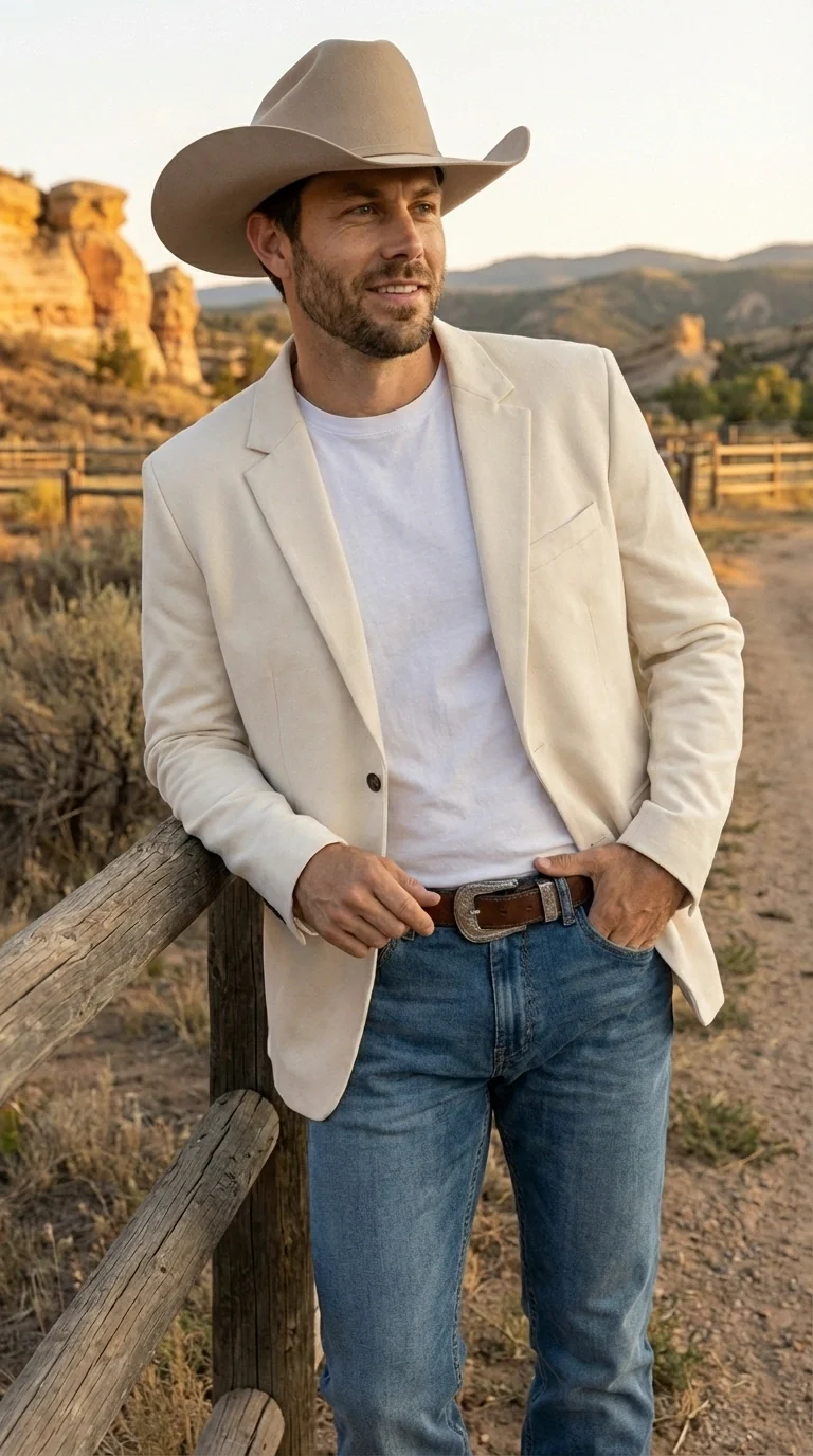 Men’s Off White Casual Blazer – Classic Western Style Lightweight Summer Cowboy Jacket Casual Ivory Cream Color - Image 8
