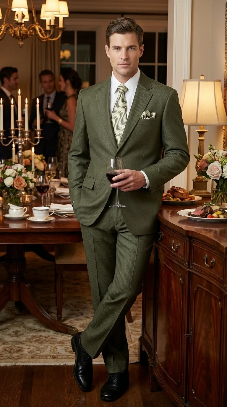 Men’s Olive Green Tuxedo With Trim Collar – Formal Wedding, Prom Suit Modern Fit - Image 10