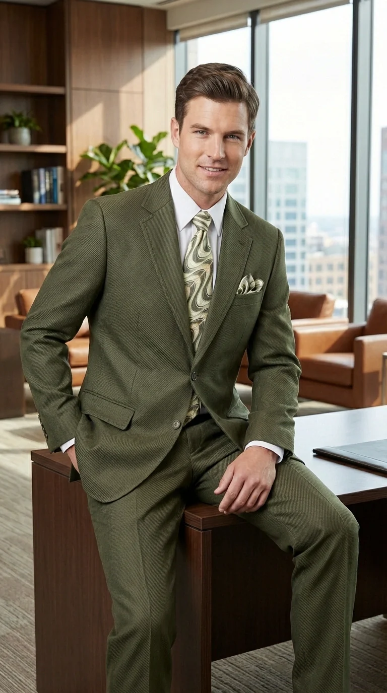 Men’s Olive Green Tuxedo With Trim Collar – Formal Wedding, Prom Suit Modern Fit - Image 11