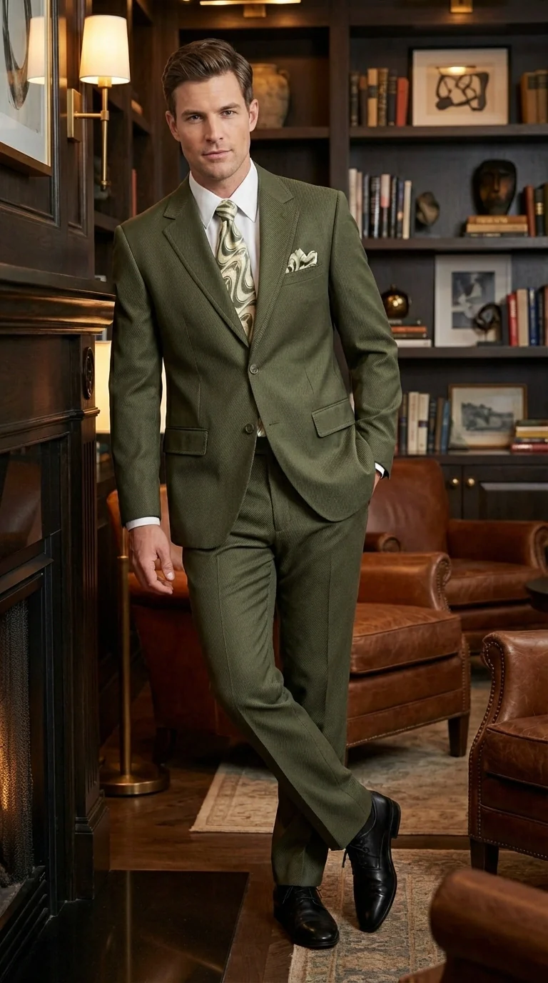 Men’s Olive Green Tuxedo With Trim Collar – Formal Wedding, Prom Suit Modern Fit - Image 12