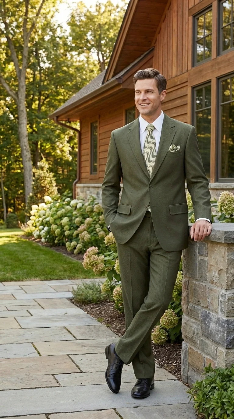 Men’s Olive Green Tuxedo With Trim Collar – Formal Wedding, Prom Suit Modern Fit - Image 13