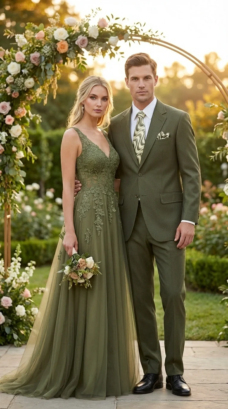 Men’s Olive Green Tuxedo With Trim Collar – Formal Wedding, Prom Suit Modern Fit - Image 15