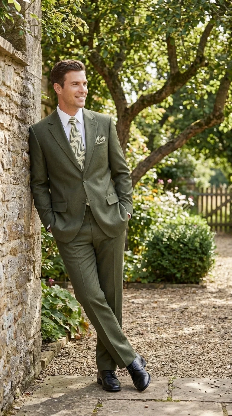 Men’s Olive Green Tuxedo With Trim Collar – Formal Wedding, Prom Suit Modern Fit - Image 16