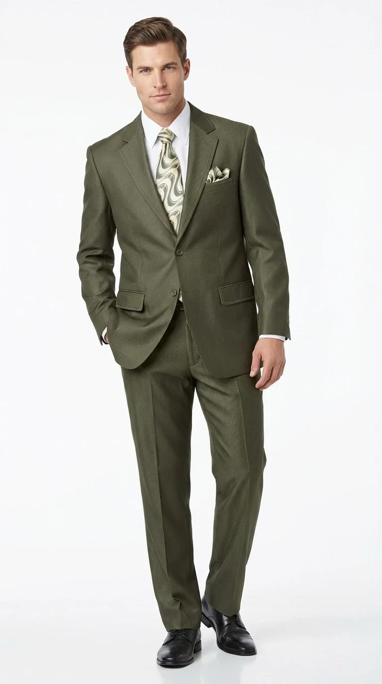 Men’s Olive Green Tuxedo With Trim Collar – Formal Wedding, Prom Suit Modern Fit - Image 2