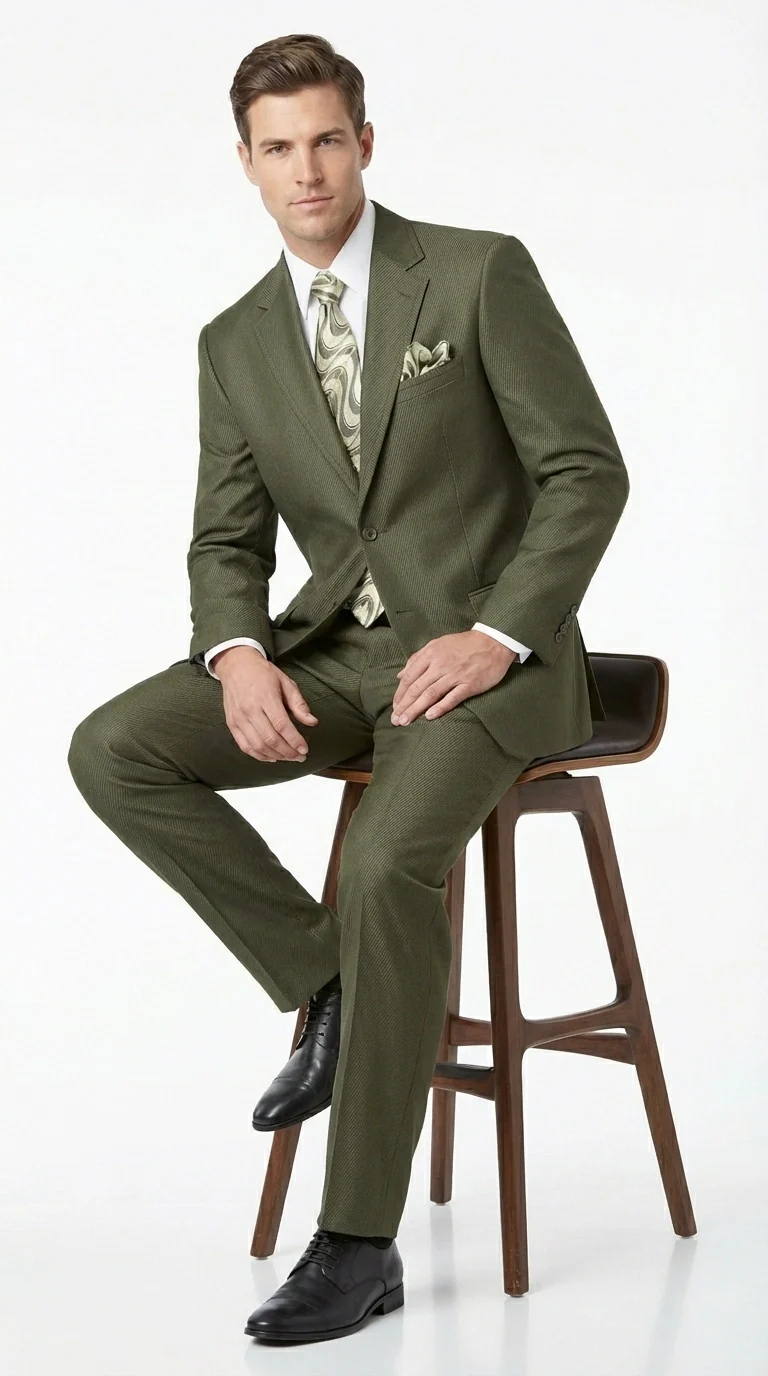 Men’s Olive Green Tuxedo With Trim Collar – Formal Wedding, Prom Suit Modern Fit - Image 3