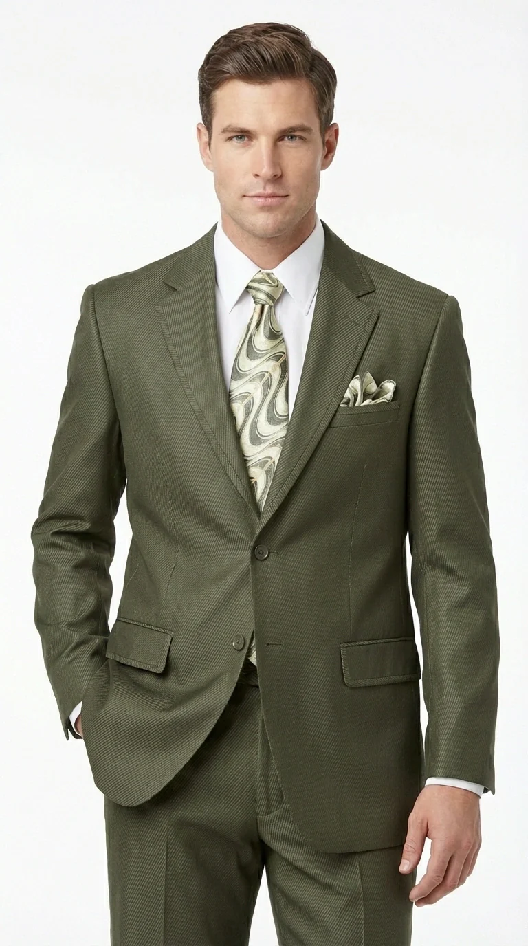 Men’s Olive Green Tuxedo With Trim Collar – Formal Wedding, Prom Suit Modern Fit - Image 4