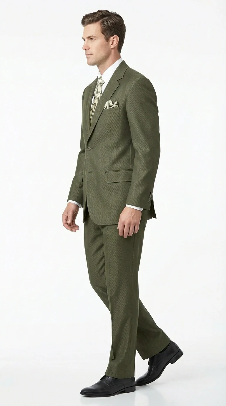 Men’s Olive Green Tuxedo With Trim Collar – Formal Wedding, Prom Suit Modern Fit - Image 6
