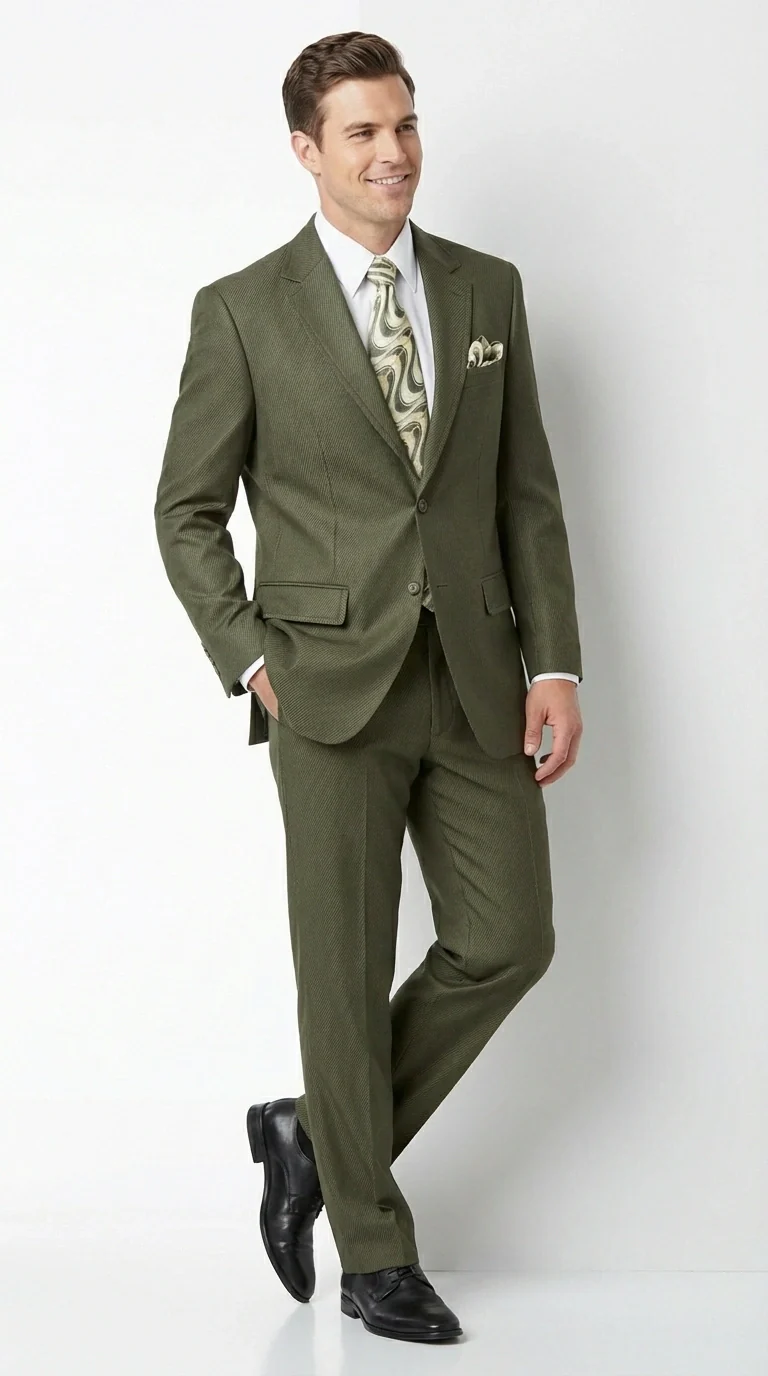 Men’s Olive Green Tuxedo With Trim Collar – Formal Wedding, Prom Suit Modern Fit - Image 8