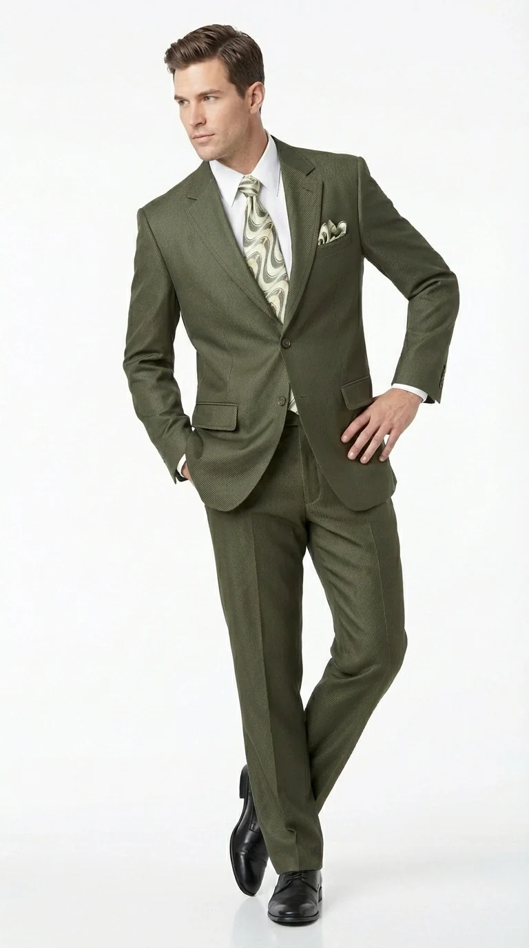 Men’s Olive Green Tuxedo With Trim Collar – Formal Wedding, Prom Suit Modern Fit - Image 9