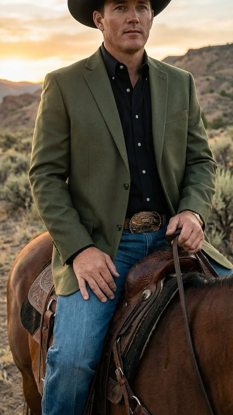 Men’s Olive Green Western Blazer Jacket, Classic Cowboy Style Sport Coat for Casual Formal Wear with Jeans - Image 4