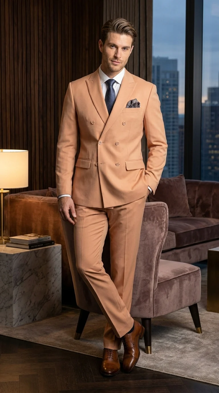 Men’s Peach Double Breasted Suit – Wedding & Prom Formal Suit Set, Classic Blazer and Pants Slim Fitted - Image 10