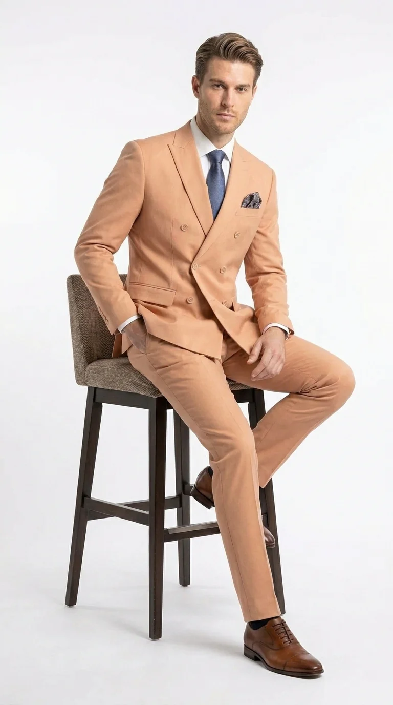 Men’s Peach Double Breasted Suit – Wedding & Prom Formal Suit Set, Classic Blazer and Pants Slim Fitted - Image 3