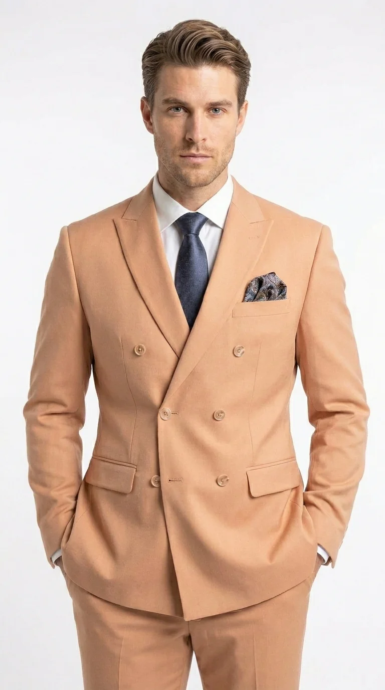 Men’s Peach Double Breasted Suit – Wedding & Prom Formal Suit Set, Classic Blazer and Pants Slim Fitted - Image 5