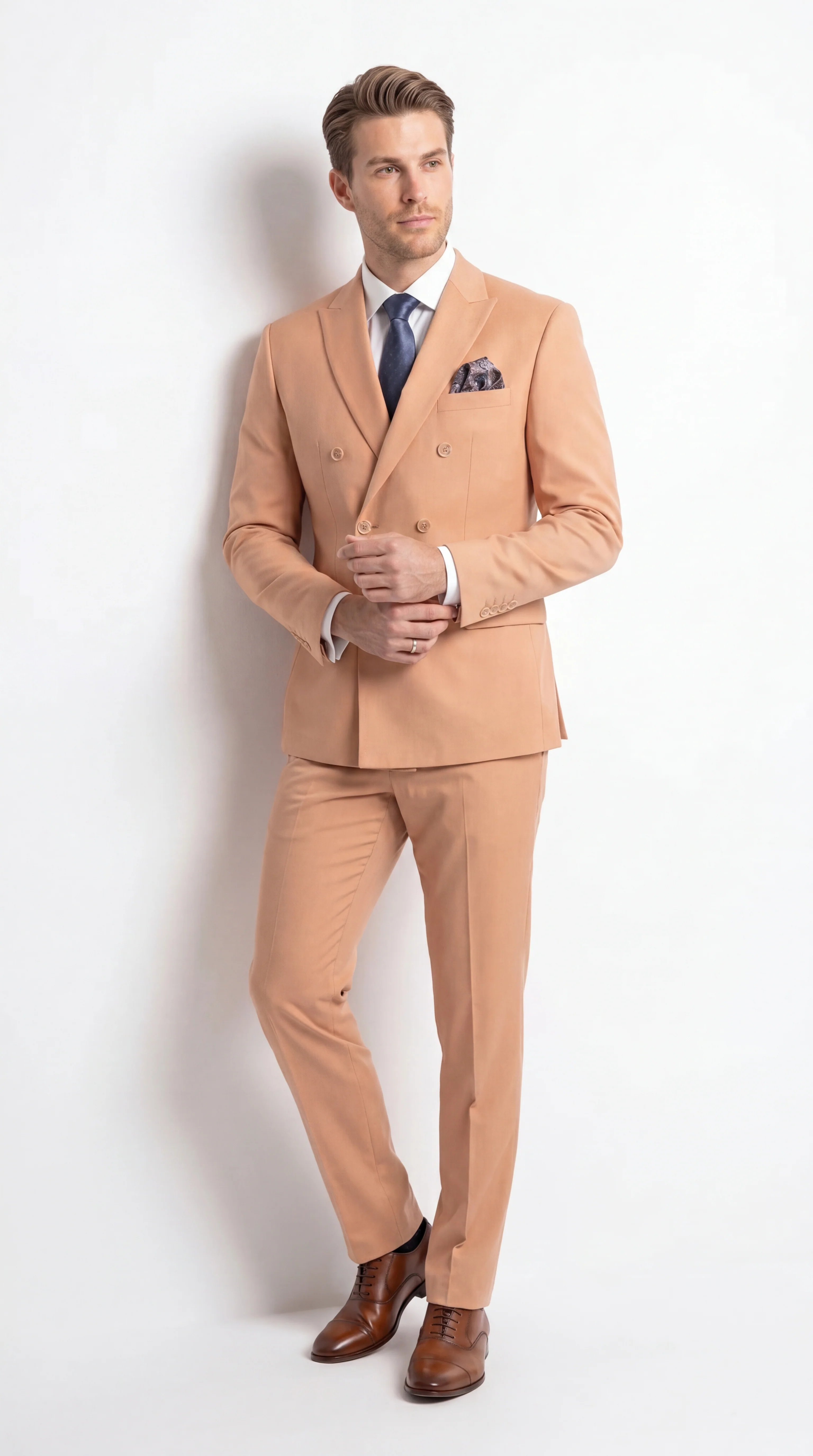 Men’s Peach Double Breasted Suit – Wedding & Prom Formal Suit Set, Classic Blazer and Pants Slim Fitted - Image 6