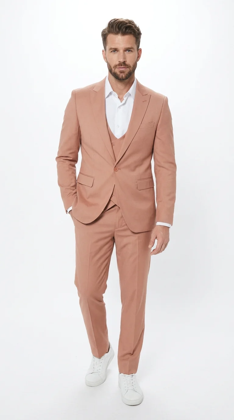 Men’s Peach Light Brown 3 Piece Suit – Wedding & Prom Formal Suit Set, Blazer Pants Double breasted vest