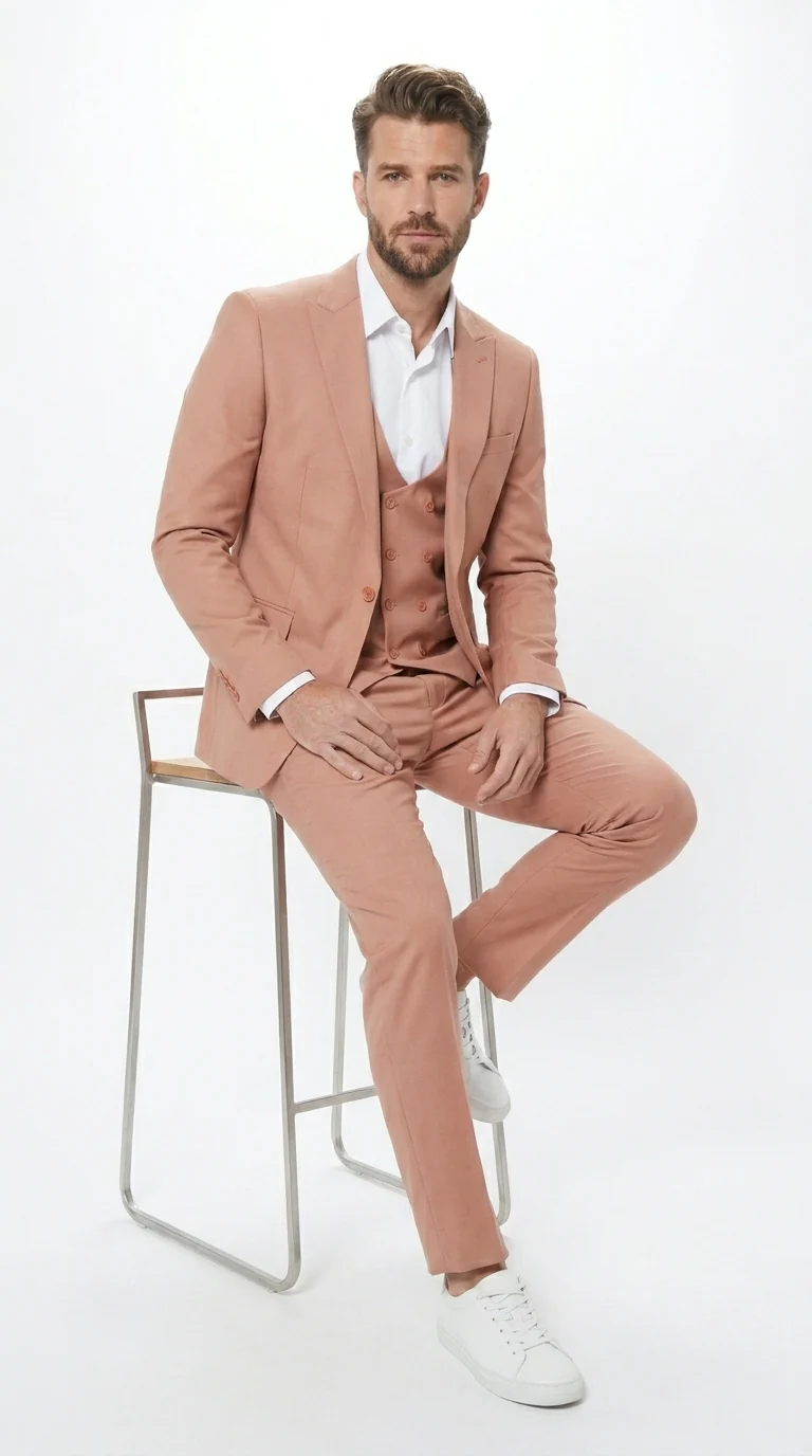 Men’s Peach Light Brown 3 Piece Suit – Wedding & Prom Formal Suit Set, Blazer Pants Double breasted vest - Image 3