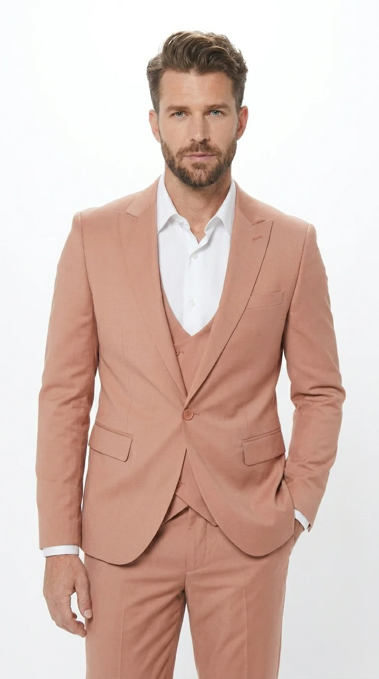 Men’s Peach Light Brown 3 Piece Suit – Wedding & Prom Formal Suit Set, Blazer Pants Double breasted vest - Image 5