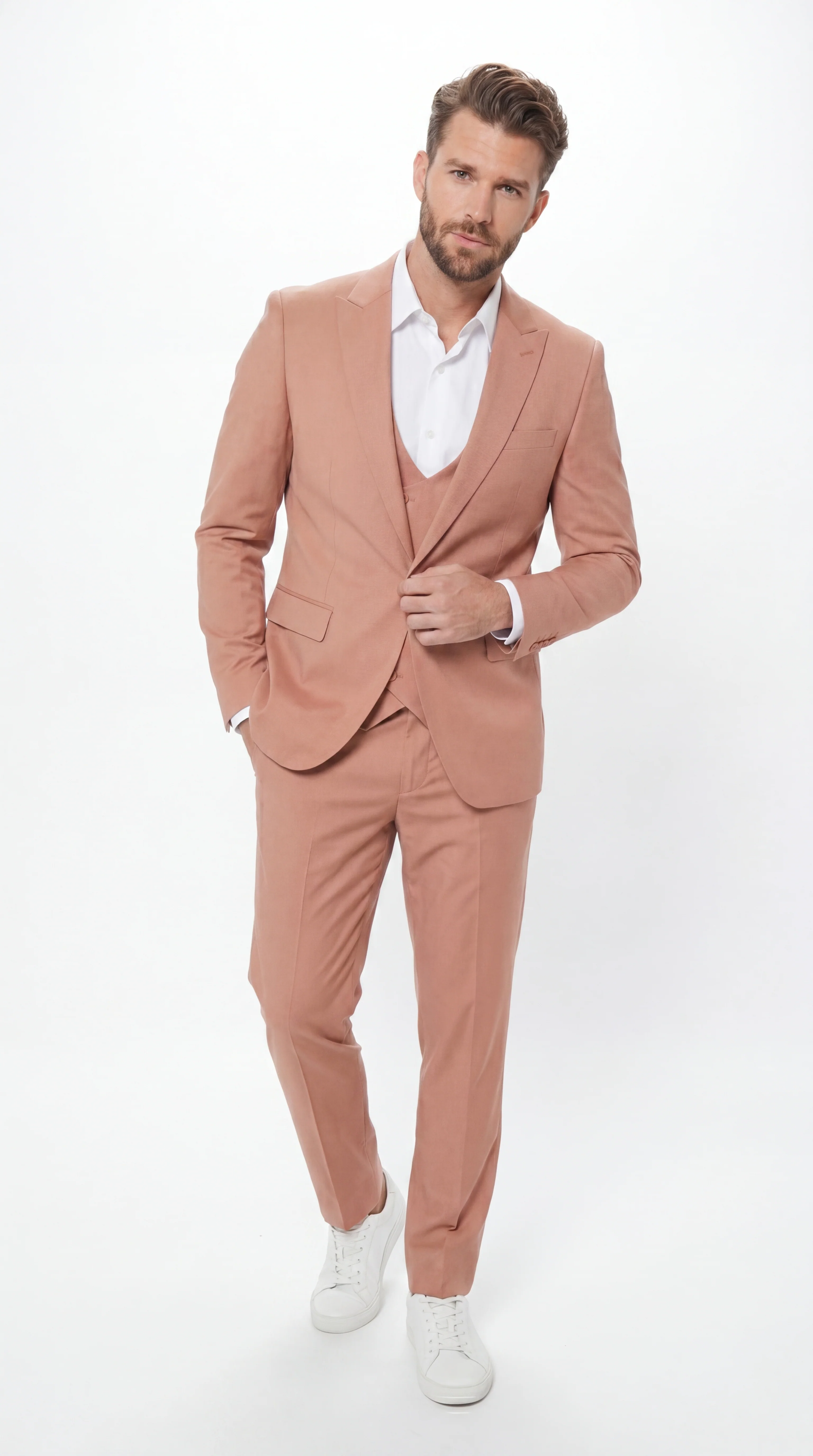 Men’s Peach Light Brown 3 Piece Suit – Wedding & Prom Formal Suit Set, Blazer Pants Double breasted vest - Image 6