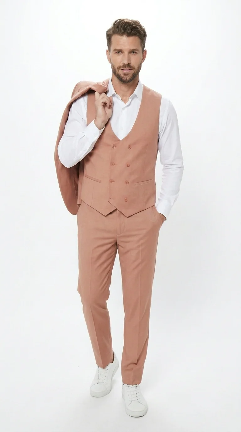 Men’s Peach Light Brown 3 Piece Suit – Wedding & Prom Formal Suit Set, Blazer Pants Double breasted vest - Image 7