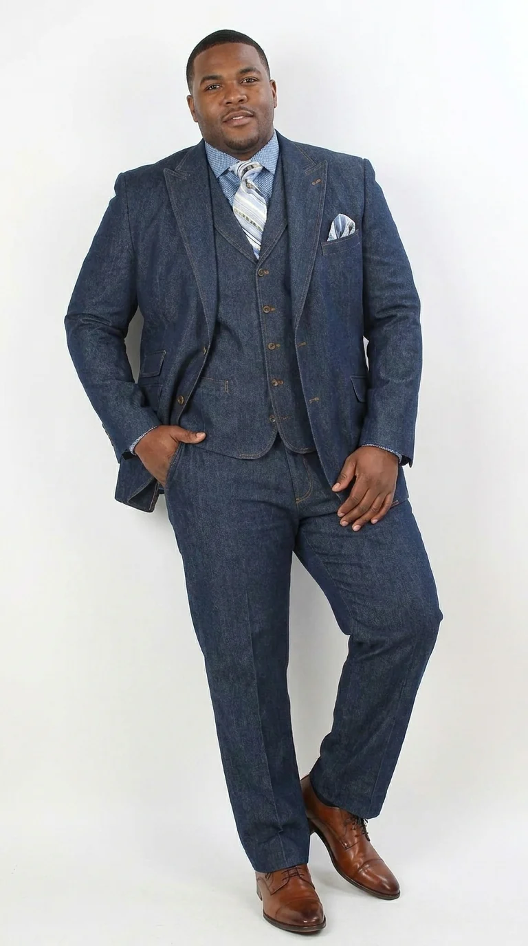 Men’s Pleated Pants Dark Blue Denim 3 Piece Suit – 100% Cotton Formal Suit Set, Blazer Vest Pants Outfit Classic Fit Athletic Fit Lose Fit - Image 6