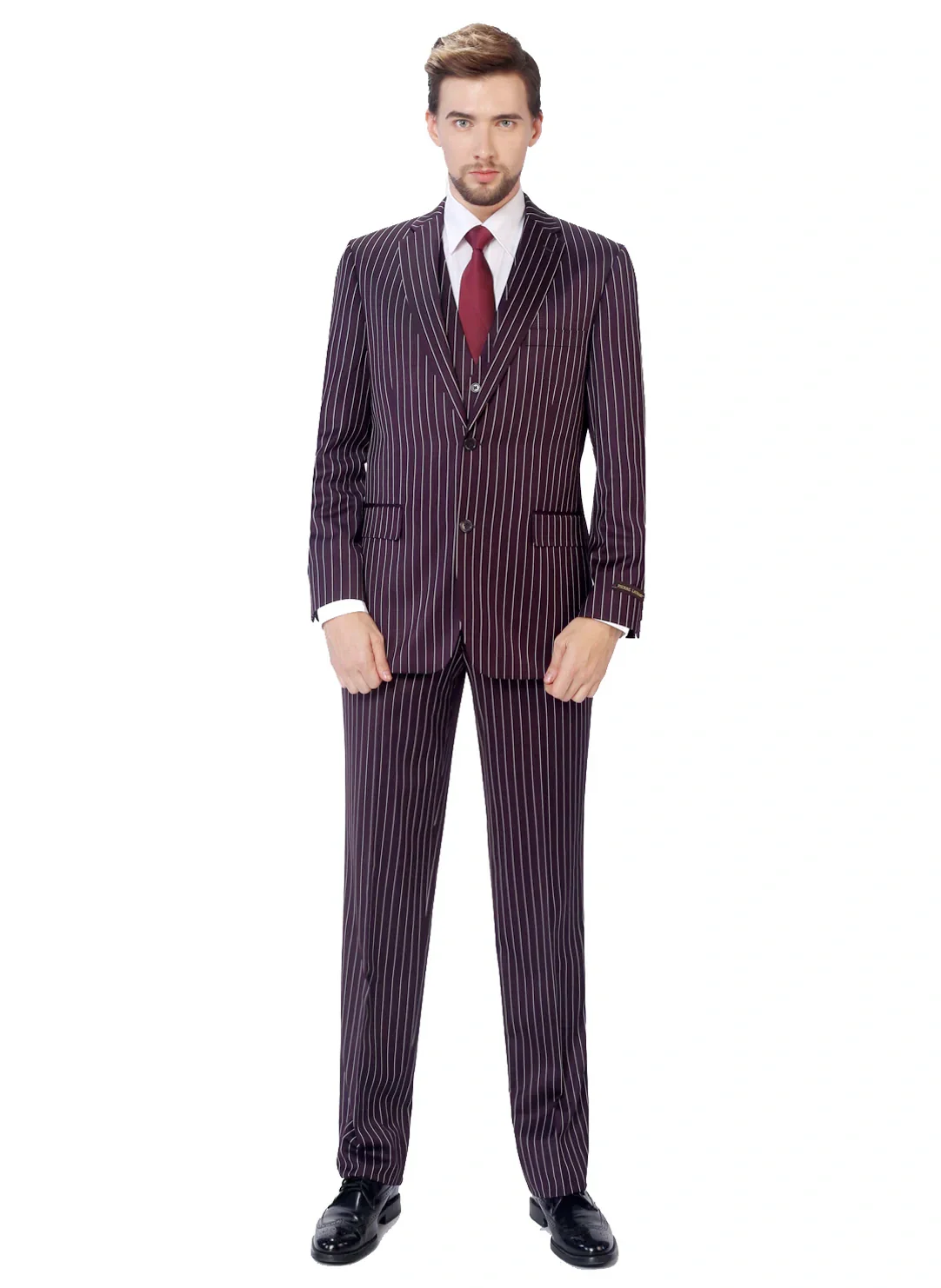 Men’s Plum Eggplant Pinstripe 3 Piece Suit – Burgundy Purple Formal Suit Gangster 1920s Mafia Pimp Suit