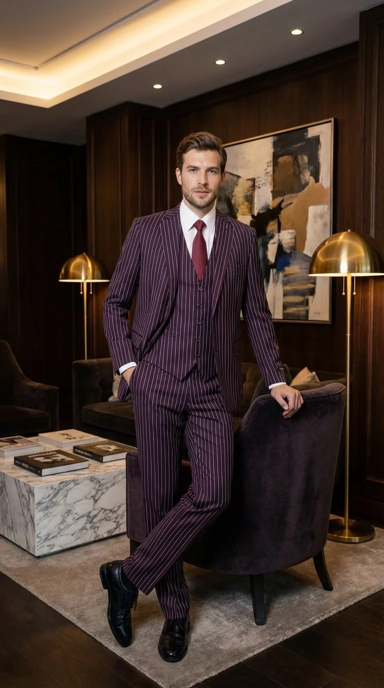 Men’s Plum Eggplant Pinstripe 3 Piece Suit – Burgundy Purple Formal Suit Gangster 1920s Mafia Pimp Suit - Image 10