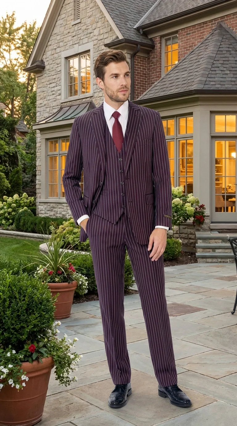 Men’s Plum Eggplant Pinstripe 3 Piece Suit – Burgundy Purple Formal Suit Gangster 1920s Mafia Pimp Suit - Image 11