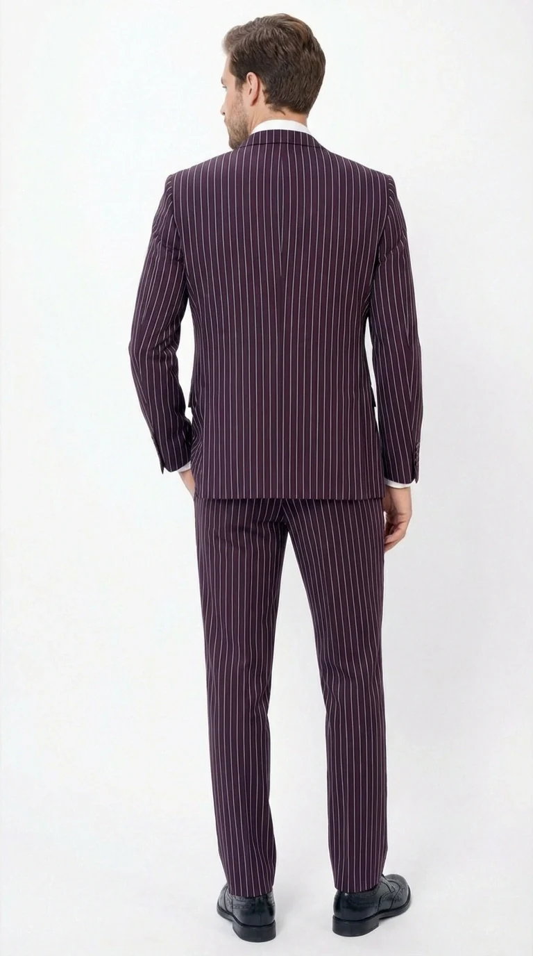Men’s Plum Eggplant Pinstripe 3 Piece Suit – Burgundy Purple Formal Suit Gangster 1920s Mafia Pimp Suit - Image 3