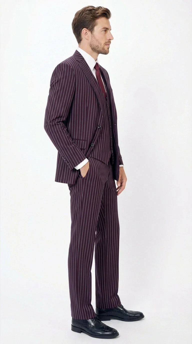 Men’s Plum Eggplant Pinstripe 3 Piece Suit – Burgundy Purple Formal Suit Gangster 1920s Mafia Pimp Suit - Image 4