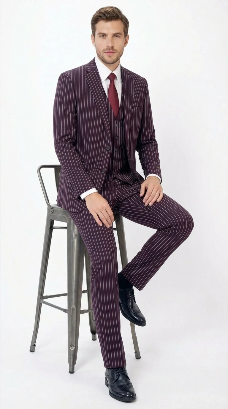 Men’s Plum Eggplant Pinstripe 3 Piece Suit – Burgundy Purple Formal Suit Gangster 1920s Mafia Pimp Suit - Image 5