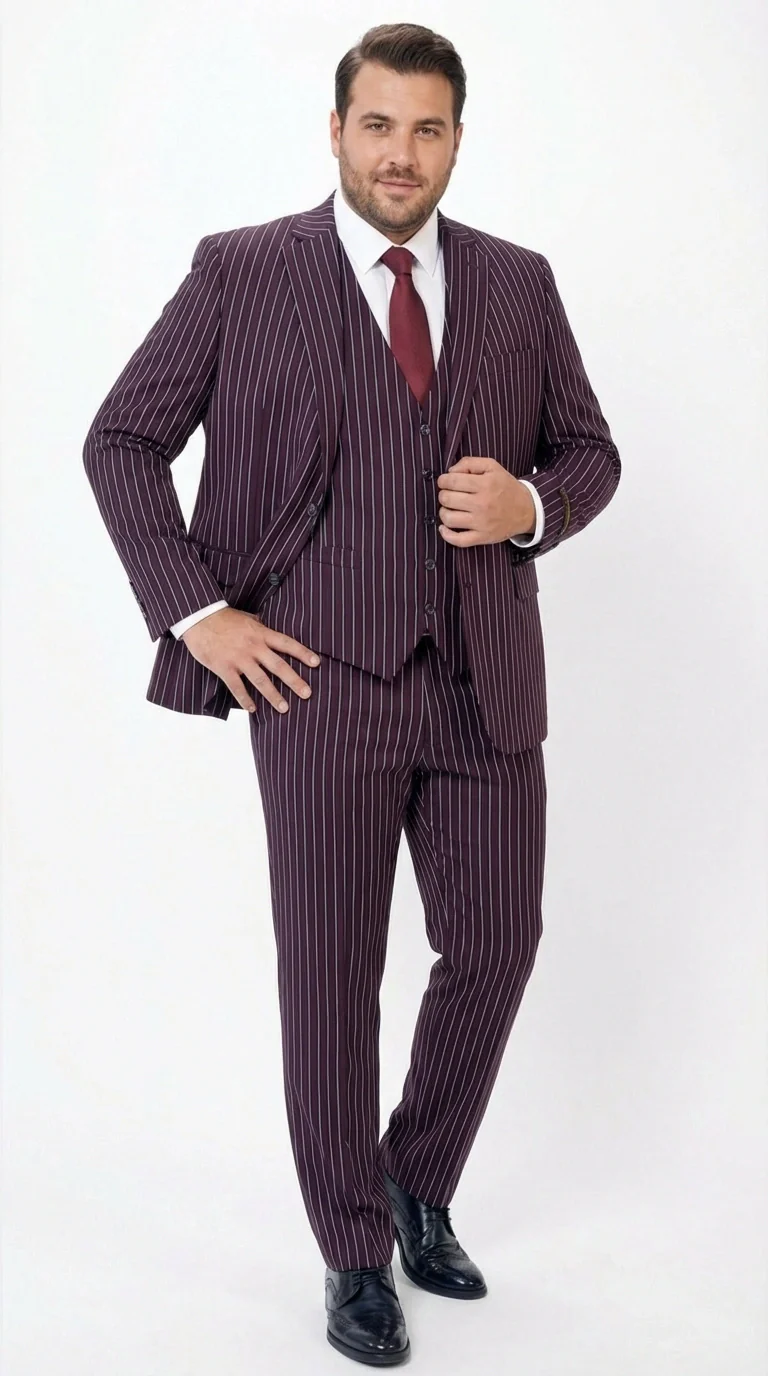 Men’s Plum Eggplant Pinstripe 3 Piece Suit – Burgundy Purple Formal Suit Gangster 1920s Mafia Pimp Suit - Image 9