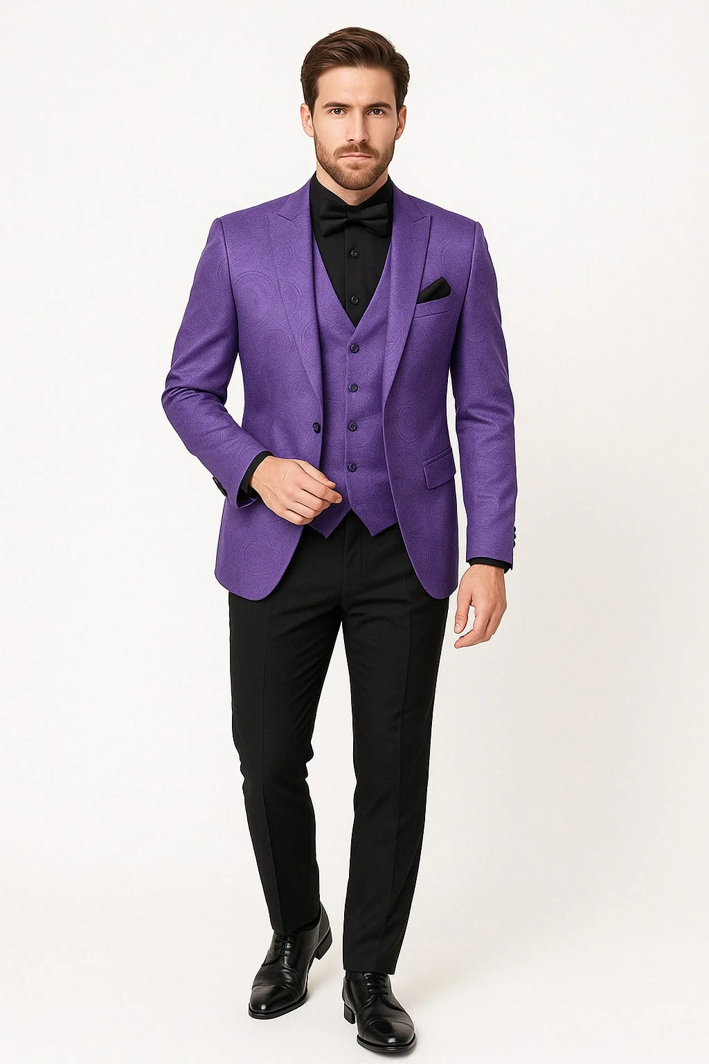 Men’s Purple Paisley Tuxedo Suit – 3 Piece Formal Set with Vest and Bow Tie - Image 2