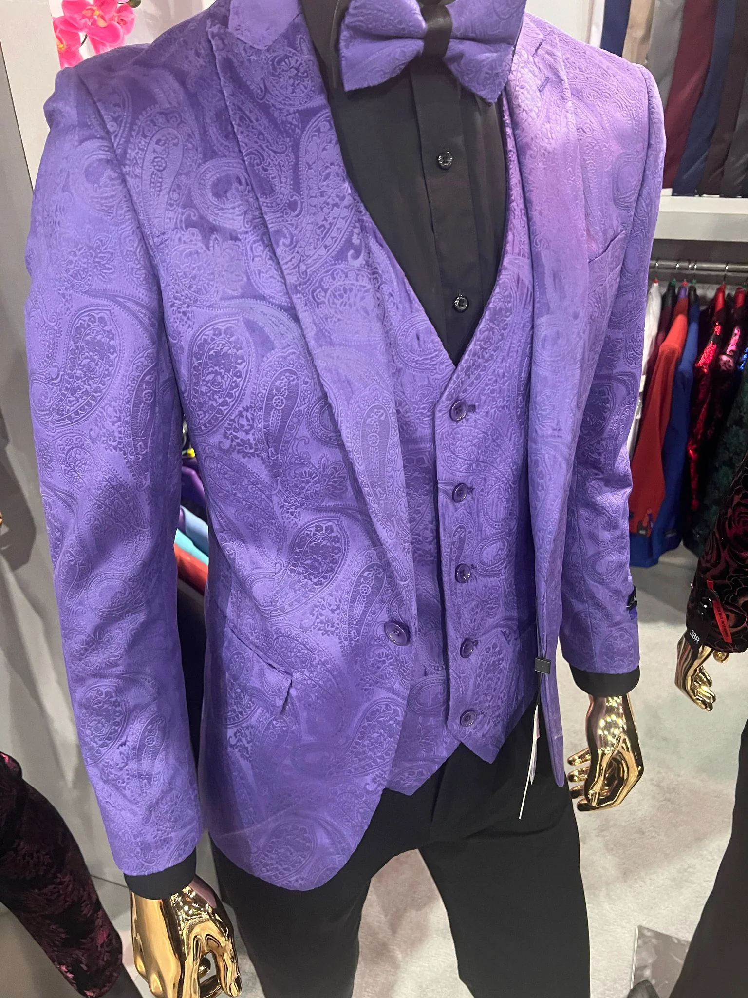 Men’s Purple Paisley Tuxedo Suit – 3 Piece Formal Set with Vest and Bow Tie - Image 3