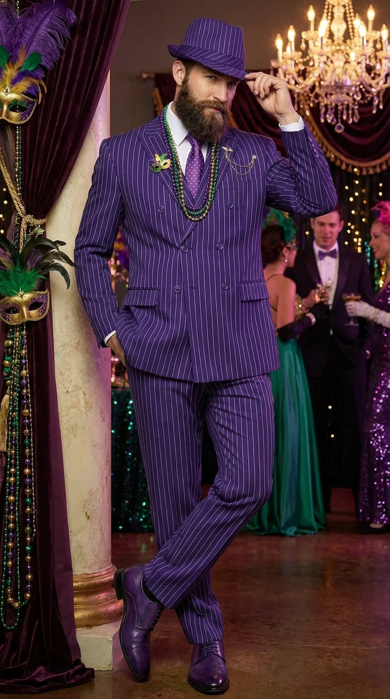 Men’s Purple Pinstripe Mardi Gras Suit | Classic Double Breasted Formal Carnival Suit - Image 10