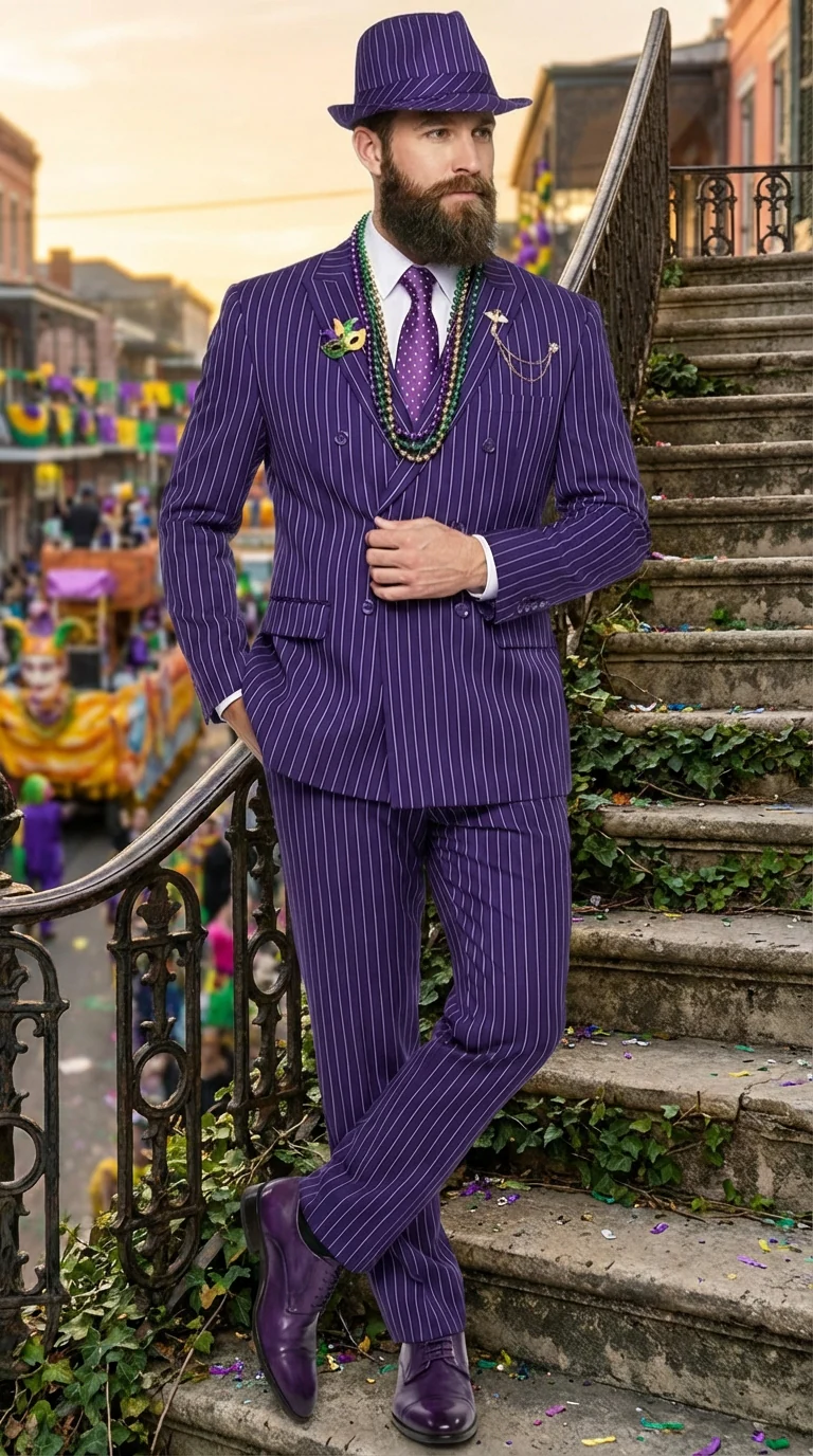 Men’s Purple Pinstripe Mardi Gras Suit | Classic Double Breasted Formal Carnival Suit - Image 11