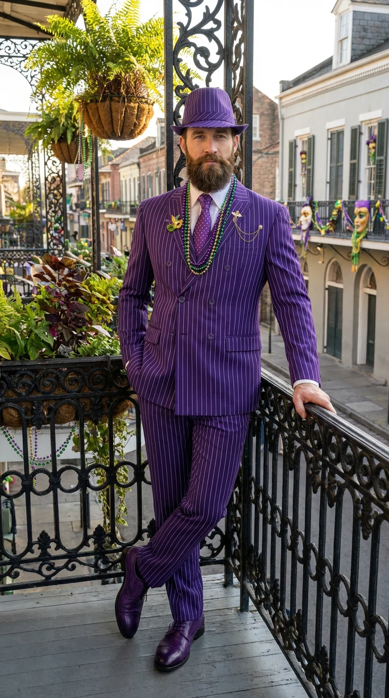 Men’s Purple Pinstripe Mardi Gras Suit | Classic Double Breasted Formal Carnival Suit - Image 5