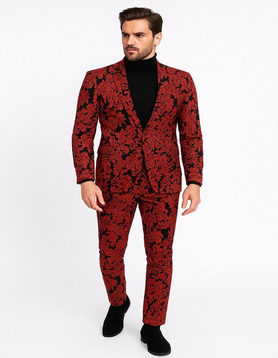 Men’s Red and Black Floral Tuxedo Suit – Slim Fit 2 Piece Embroidered Outfit for Weddings, Prom, and Formal Events - Image 2