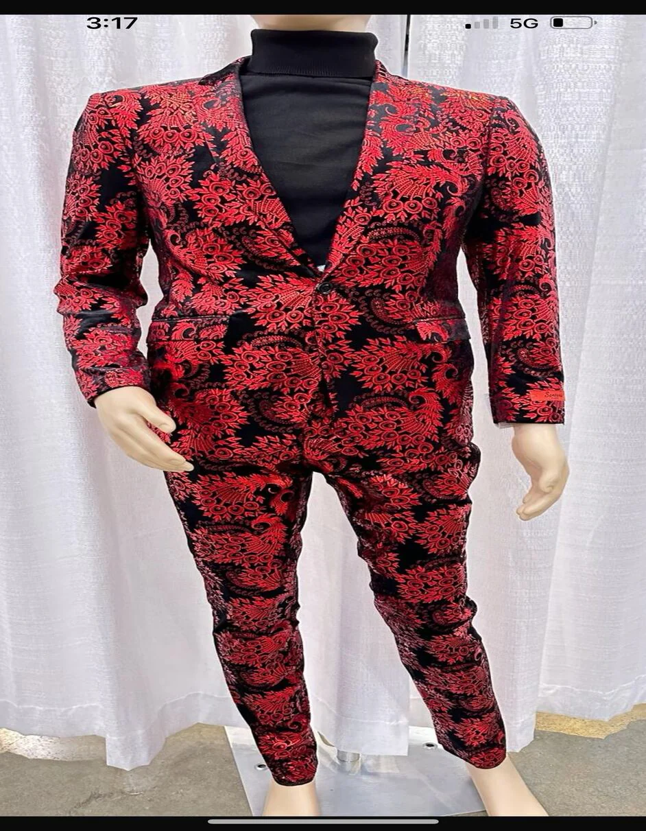 Men’s Red and Black Floral Tuxedo Suit – Slim Fit 2 Piece Embroidered Outfit for Weddings, Prom, and Formal Events - Image 3