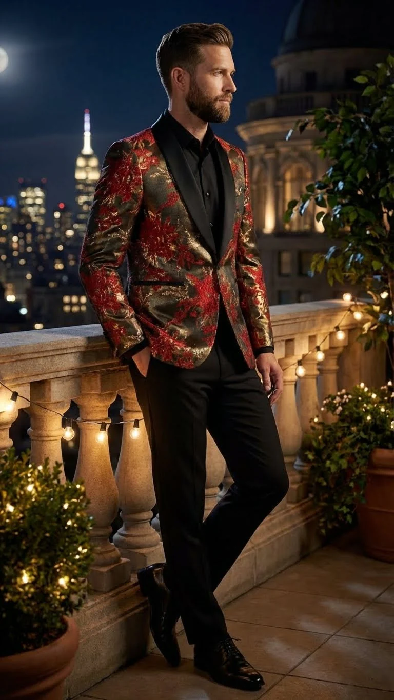 Men’s Red and Gold Floral Pattern Paisley Shawl Lapel | Luxury Evening and Party Wear Jacket Prom Christmas New Year Blazer - Image 10