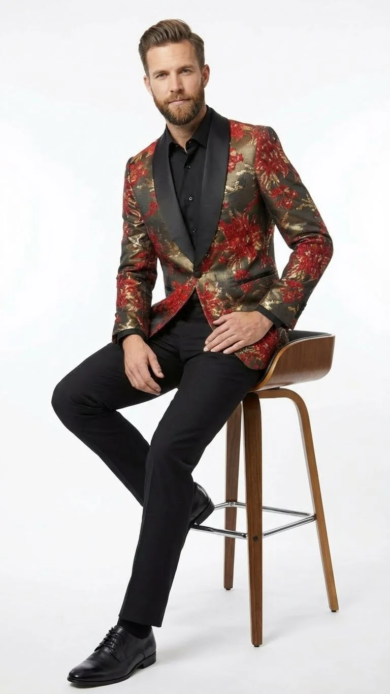 Men’s Red and Gold Floral Pattern Paisley Shawl Lapel | Luxury Evening and Party Wear Jacket Prom Christmas New Year Blazer - Image 4