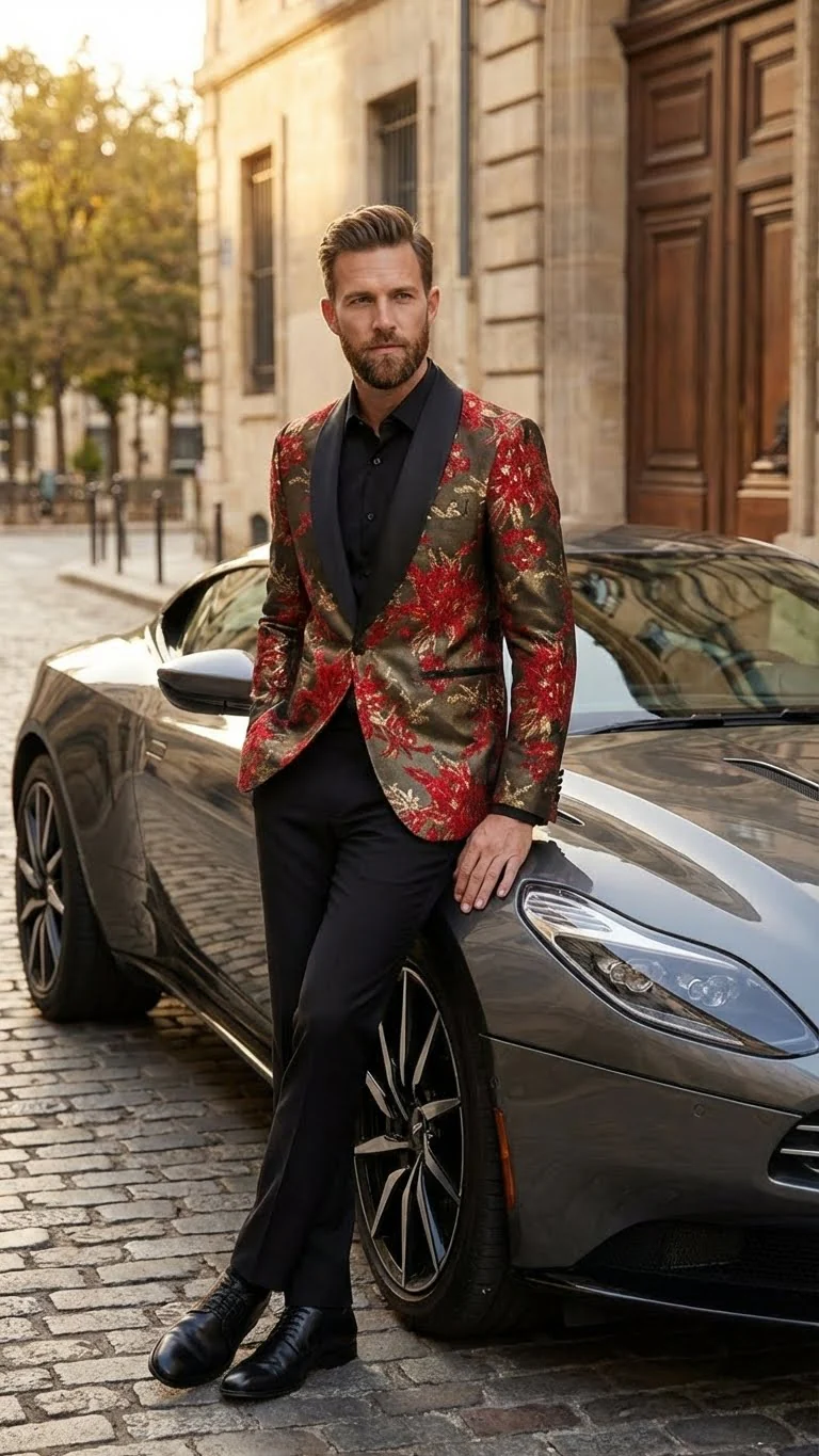 Men’s Red and Gold Floral Pattern Paisley Shawl Lapel | Luxury Evening and Party Wear Jacket Prom Christmas New Year Blazer - Image 6