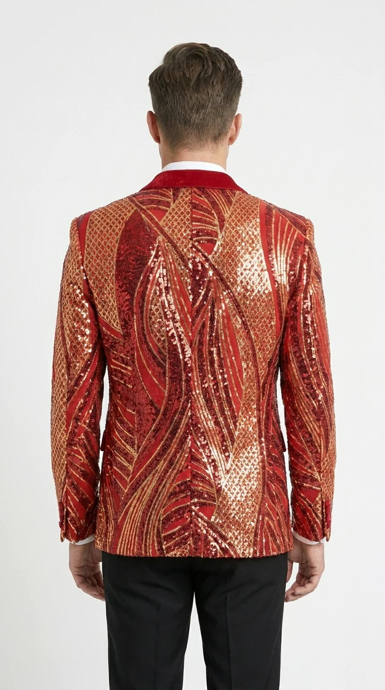 Men’s Red and Gold Sequin Christmas Holiday Blazer – Luxury Party Jacket for New Year, Wedding and Festive Events - Image 2