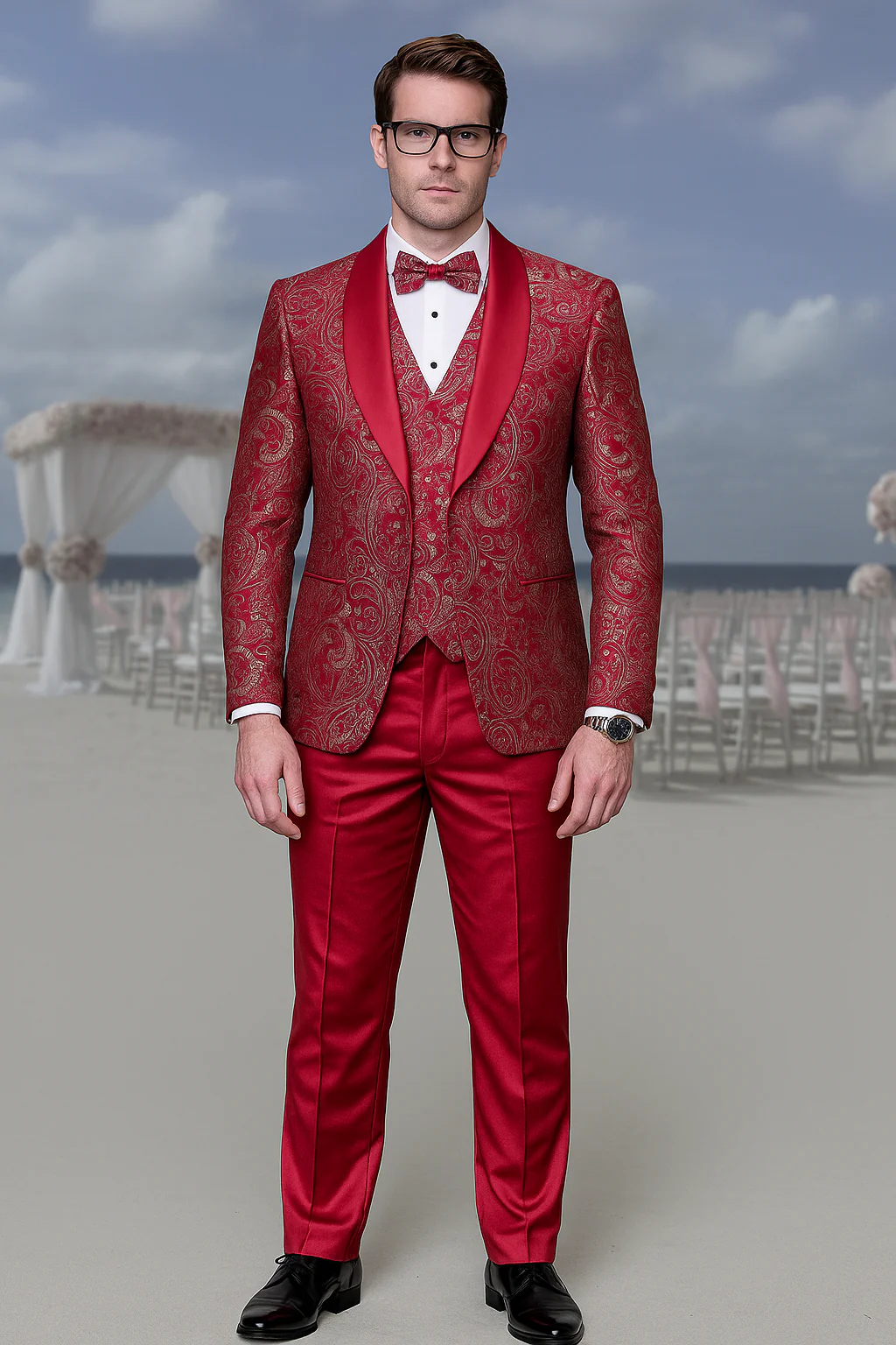 Men’s Red Paisley Brocade Prom Tuxedo with Vested Double Breasted Suit – Wedding Ready